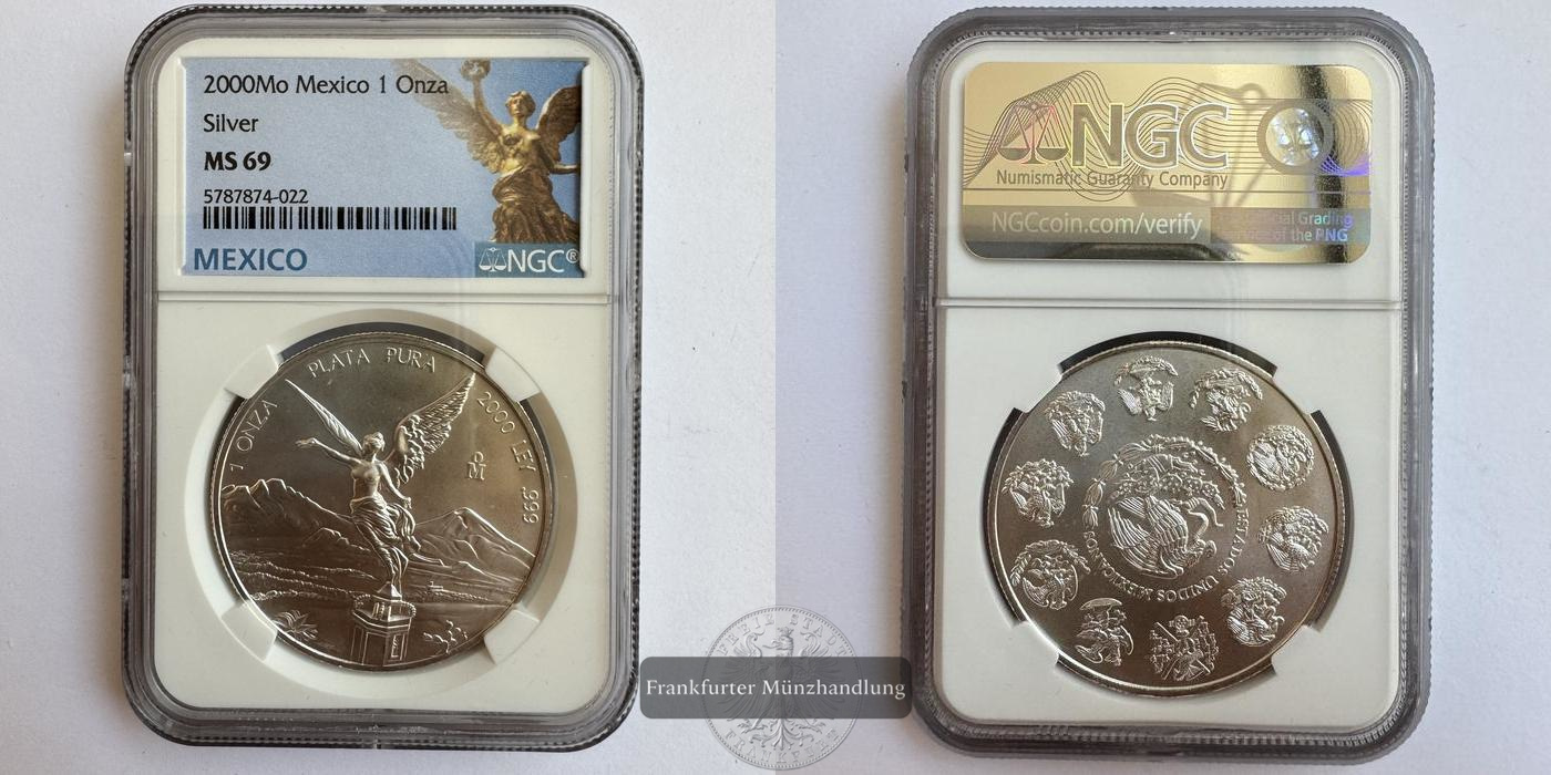  Mexico / 1 Onza Libertad Plata Pura 2000 NGC Graded MS 69 FM-Frankfurt KM#639 Feinsilber: 31,1g   