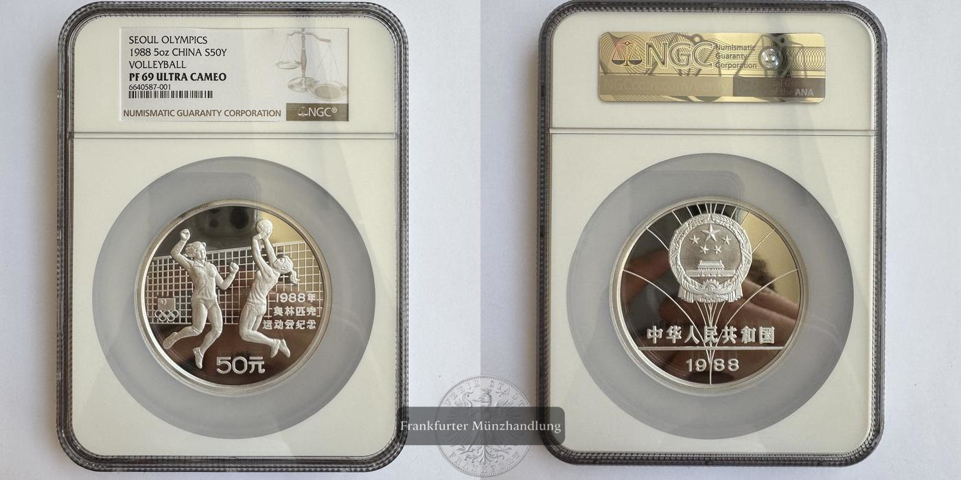  China / 50 Yuan (Volleyball) 1988 NGC Graded PF 69 Ultra Cameo FM-Frankfurt Feinsilber: 155,5g   