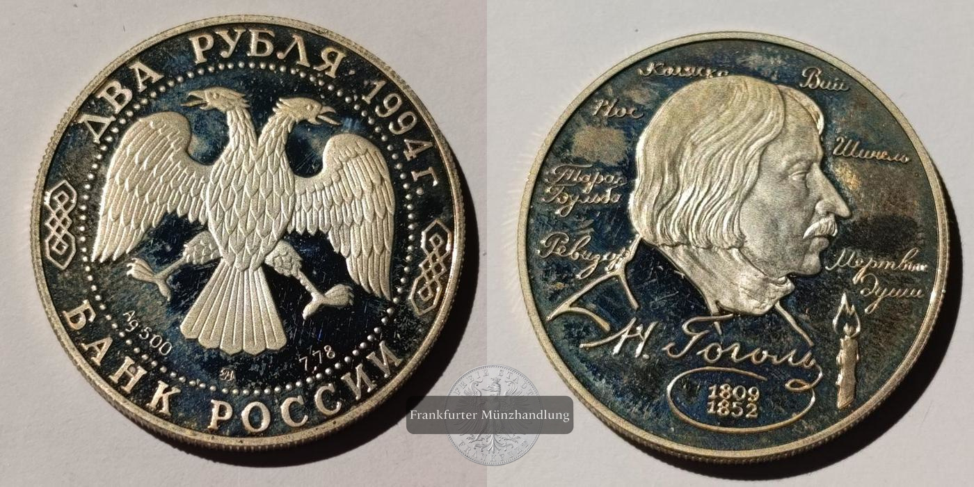  Russland 2 Roubles (N.V. Gogol) 1994 FM-Frankfurt Y#344 Feinsilber: 7,78g   