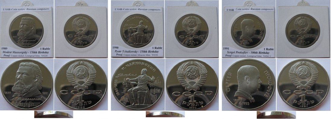  1989-1991,USSR,set of 3 pcs1-ruble proof coins, series: Russian composers   