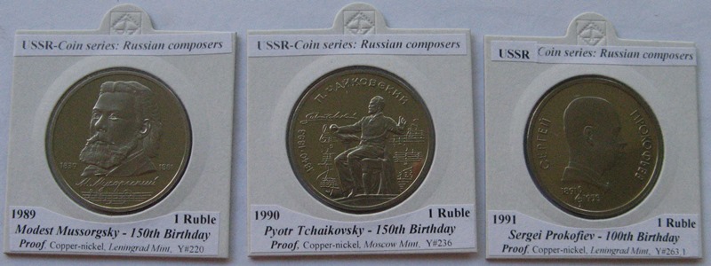  1989-1991,USSR,set of 3 pcs1-ruble proof coins, series: Russian composers   