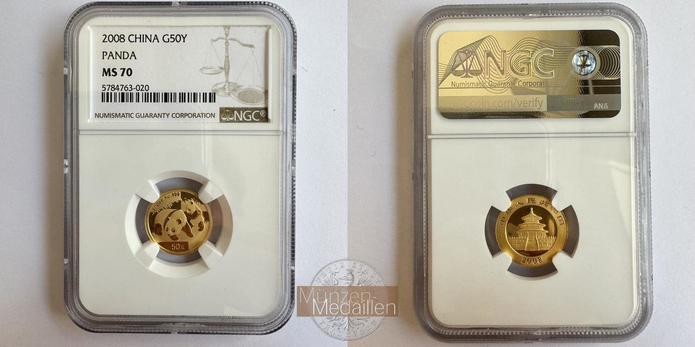  China / 50 Yuan (Panda) 2008 NGC Graded MS 70 MM-Frankfurt KM#1868 Feingold: 3,1g   