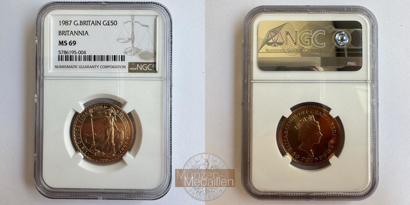  UK / 50 Pounds Elizabeth II 1987 (1987-1989) NGC Graded MS 69 MM-Frankfurt KM#952 Feingold: 15,6g   