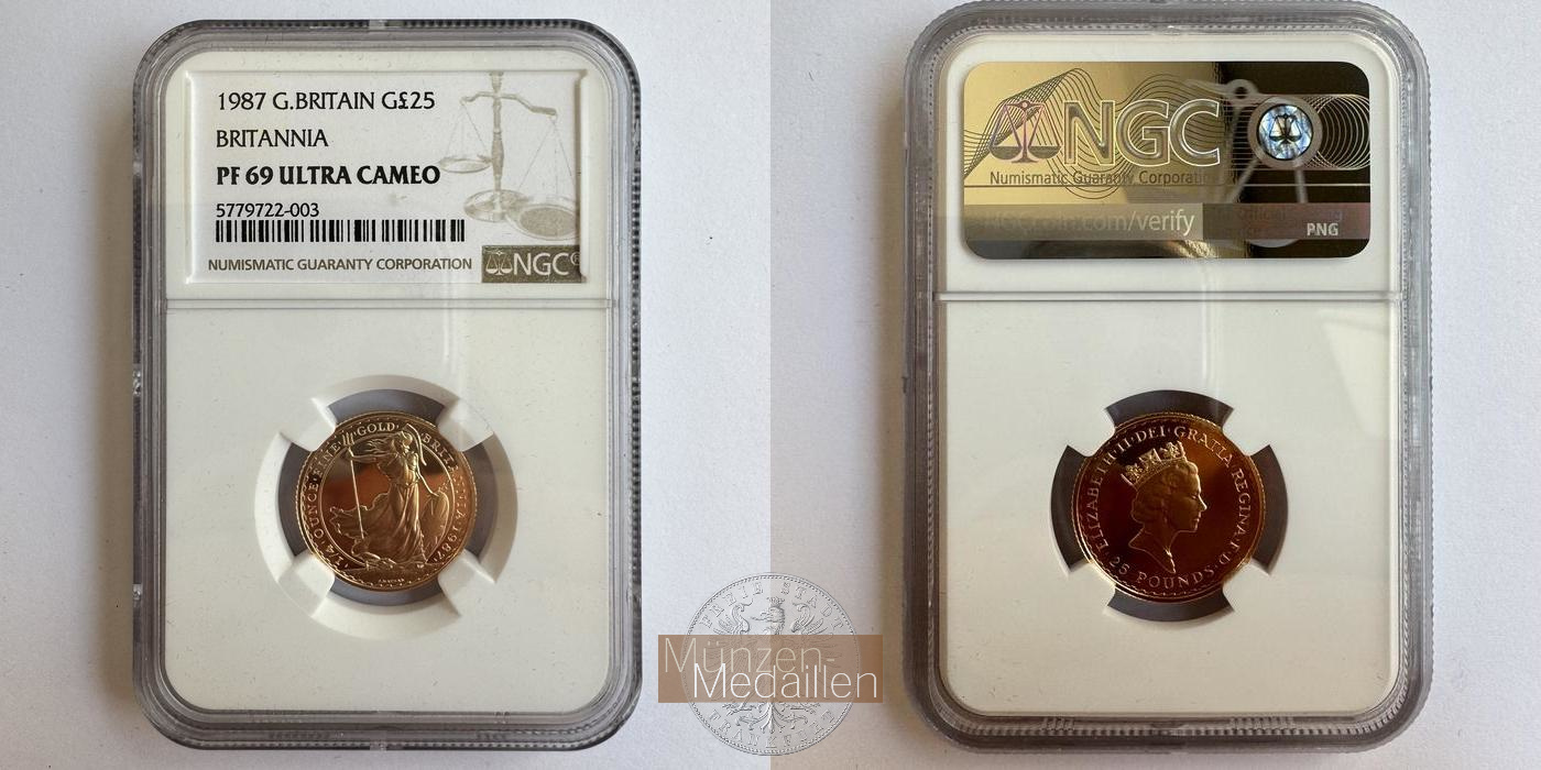  UK / 25 Pounds Elizabeth II 1987 (1987-'89) NGC Graded PF 69 MM-Frankfurt KM#951 Feingold: 7,8g   