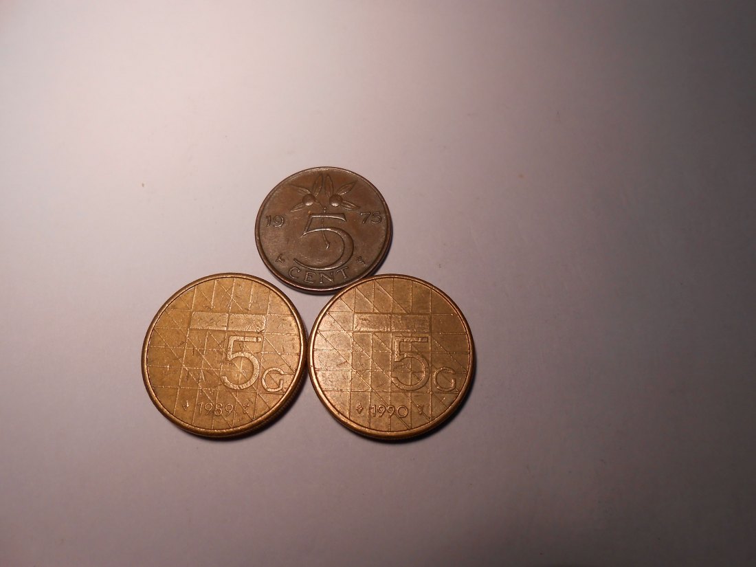 hn9 / Niederlande, 3er Lot, 5 Cent 1975 (KM#181), 5 Gulden 1989+1990 (KM# 210)