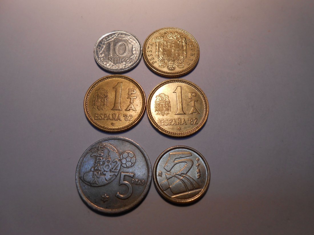 hn13 / Spanien, 6er Lot, 10 Centimos 1959 / 1 Peseta 1966 1980 1980 / 5Pesetas 1980 1992
