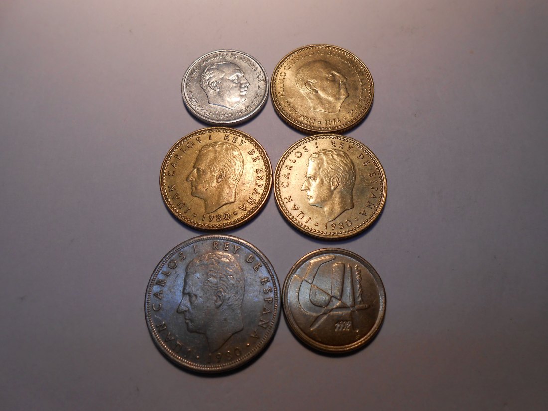  hn13 / Spanien, 6er Lot, 10 Centimos 1959 / 1 Peseta 1966 1980 1980 / 5Pesetas 1980 1992   