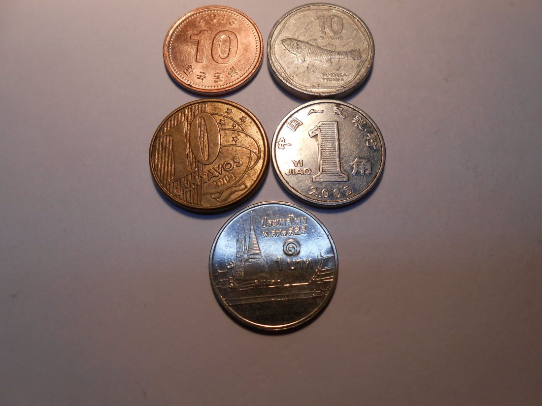 hn14 / Südkorea, Philippinen, Brasilien, Thailand, China, 5er Lot, 10 Won, 10 Sentimo, 10 Centavos,1