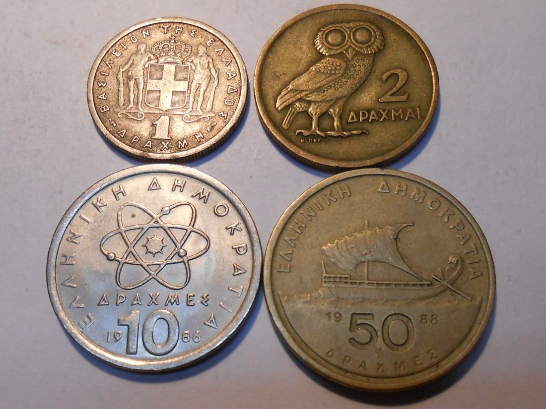 hn16 / Griechenland 4er Lot, 1 Drachme, 2 Drachmen, 10 Drachmen, 50 Drachmen