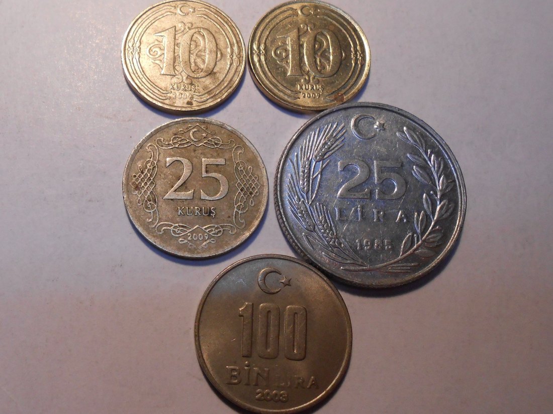  hn17 / Türkei 5er Lot, 2x10 Kurus, 25 Kurus, 25 Lira, 100 BIN Lira   