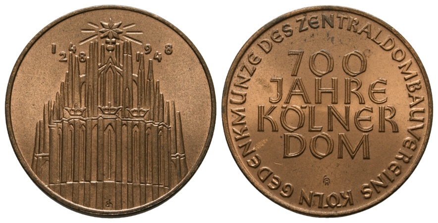  Medaille 1948; 700 Jahre Kölner Dom; Bronze; 32,99 g; Ø 40,21 mm   
