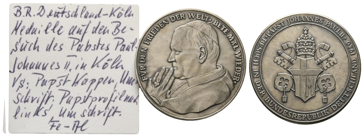  Medaille 1980; BRD; Besuch des Papst Johannes Paul II; versilbert; 26,44 g; Ø 40,16 mm   