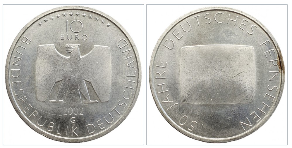  Deutschland 10 Euro, 2002 50 Jahre Deutsches Fernsehen 16,65 g Feinsilber   