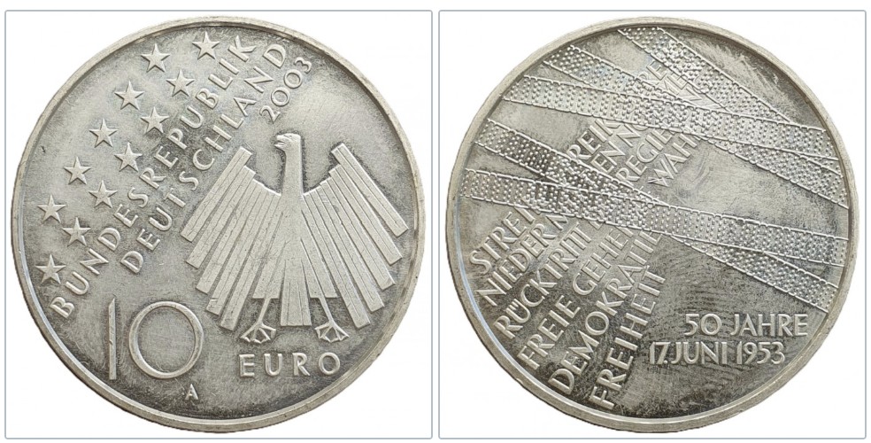  Deutschland 10 Euro, 2003 50 Jahre Aufstand vom 17. Juni 1953 - 16,65 g Feinsilber   