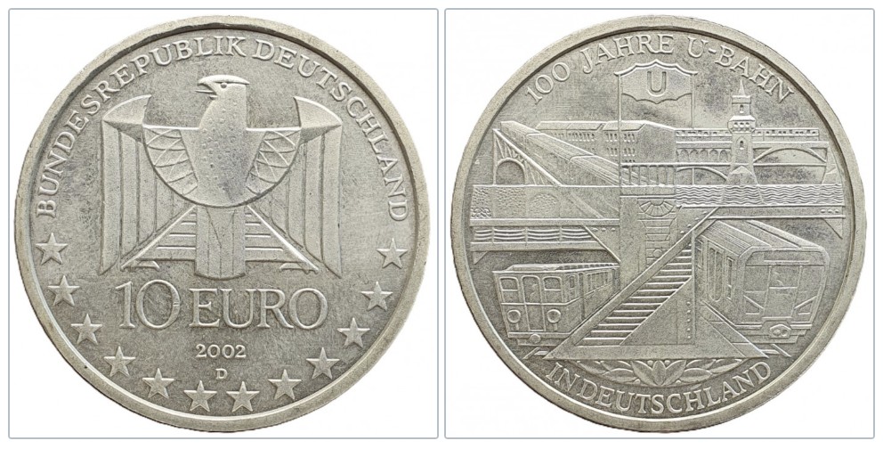  Deutschland 10 Euro, 2002 100 Jahre U-Bahn Berlin - 16,65 g Feinsilber   