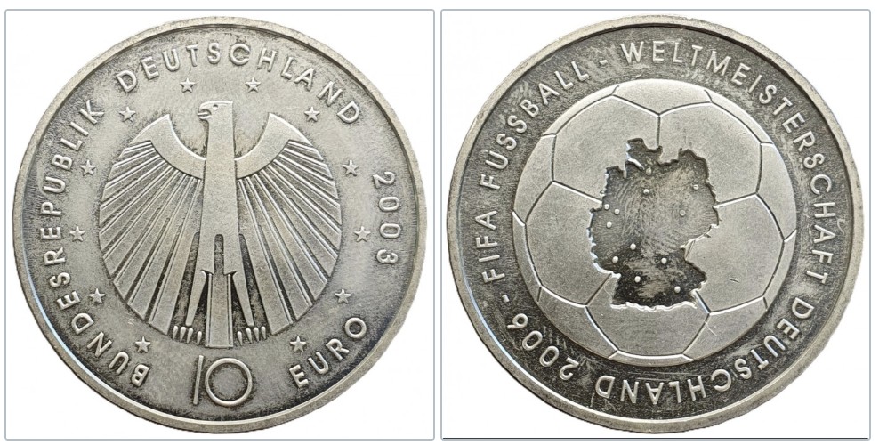  Deutschland 10 Euro, 2003 Fußballweltmeisterschaft Deutschland 2006 D - 16,65 g Feinsilber   