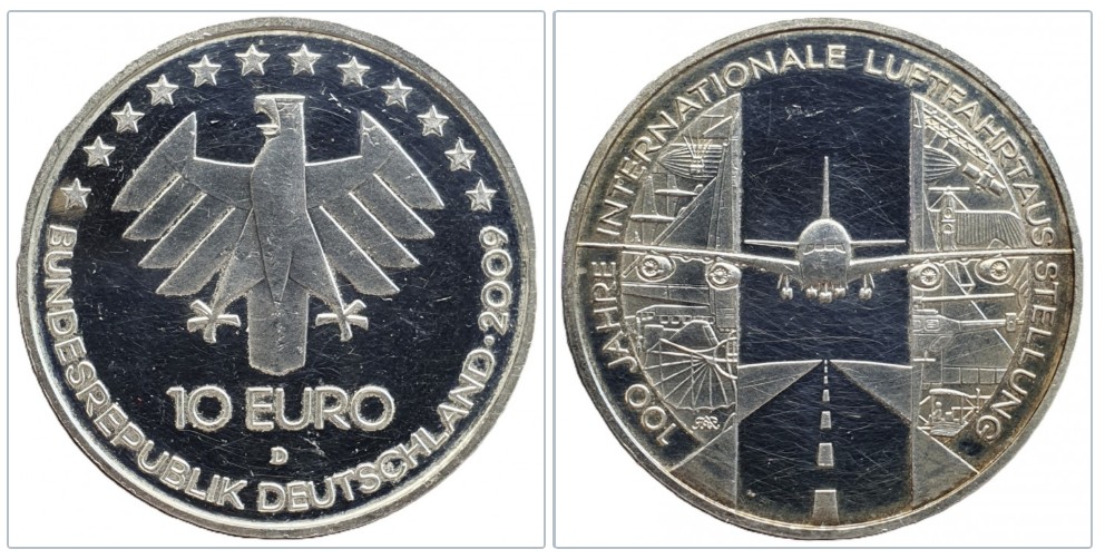  Deutschland 10 Euro, 2009 D 100 Jahre Luftfahrtausstellung - 16,65 g Feinsilber   