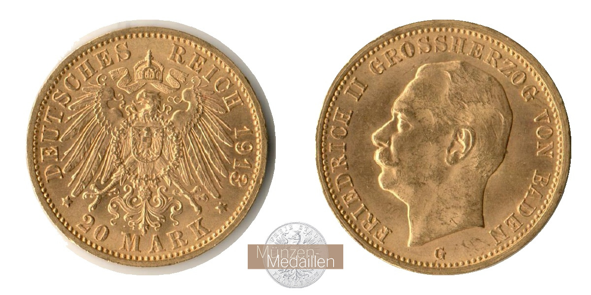 Deutsches Kaiserreich, Baden. MM-Frankfurt Feingewicht: 7,17g Gold 20 Mark 1913 G 