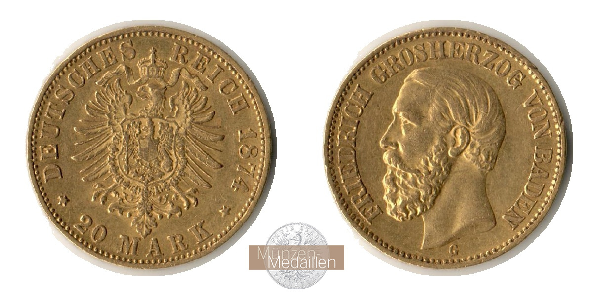 Baden, Kaiserreich 20 Mark  1874 G MM-Frankfurt Feingold: 7,17g Friedrich I. 1852 - 1907  