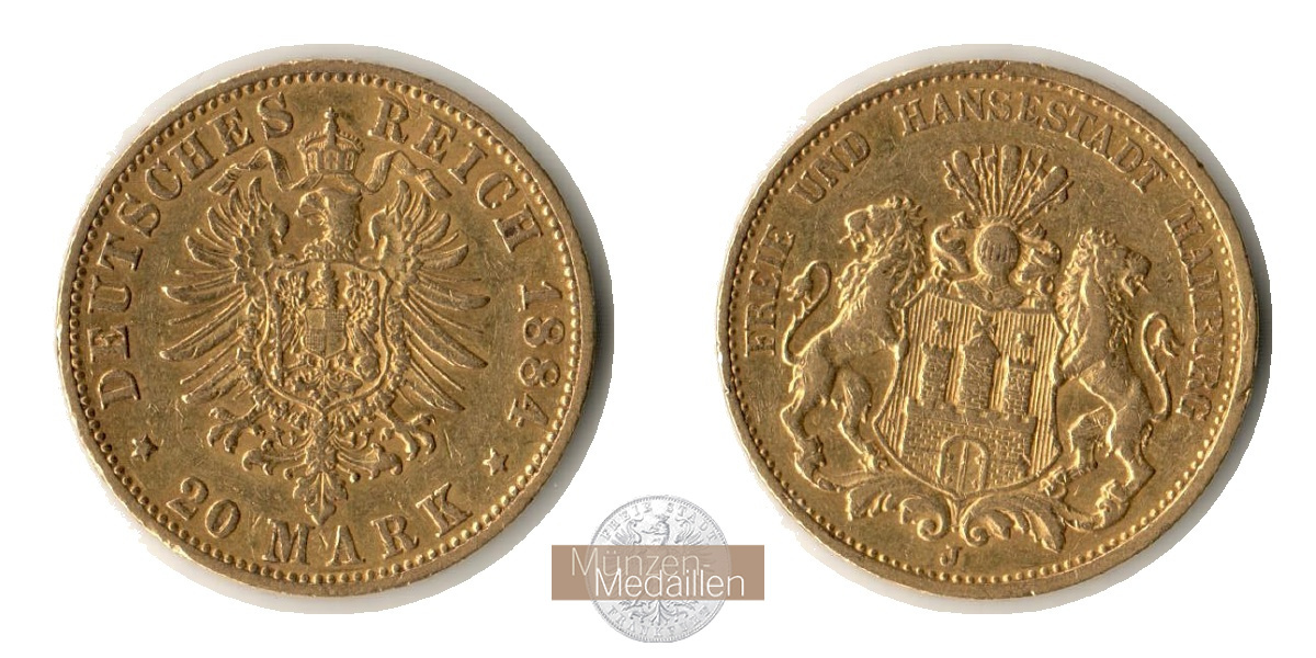 Deutsches Kaiserreich - Hamburg MM-Frankfurt Feingold: 7,17g 20 Mark 1884 J 