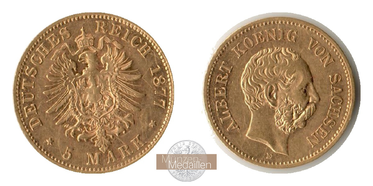  Deutsches Kaiserreich. Sachsen, Albert.  5 Mark 1877 E  MM-Frankfurt KM#1239 Feingold: 1,79g   