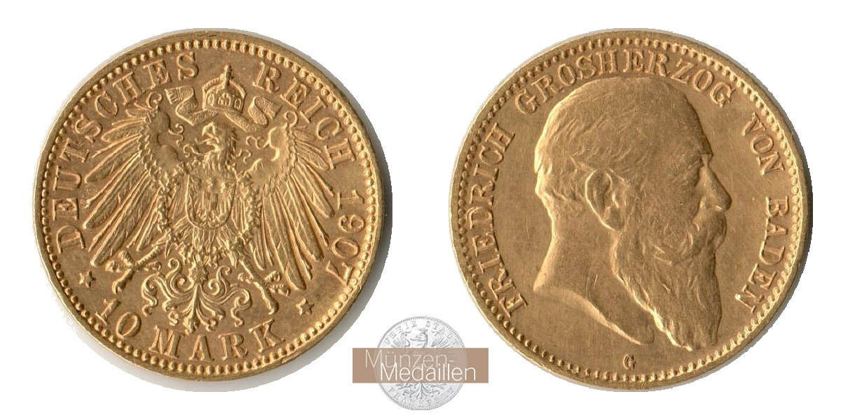 Baden, Königreich  10 Mark MM-Frankfurt  Feingewicht: 3,58g Gold Grosherzog Friedrich I. 1852-1907 1907 G 