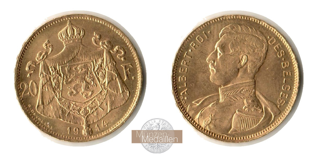  Belgien 20 Francs Albert I  1914 MM-Frankfurt KM#78 Feingold: 5,86g   