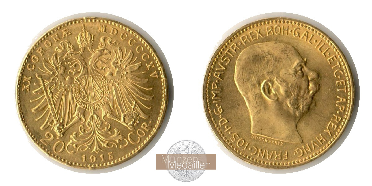  Österreich, Franz Joseph I.  20 Kronen 1915 NP.  MM-Frankfurt KM#2818 Feingold: 6,1g   