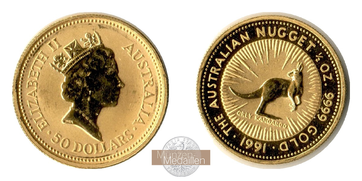 Australien 50 Dollar MM-Frankfurt Feingold: 15,55g Kangaroo Nugget 1991 