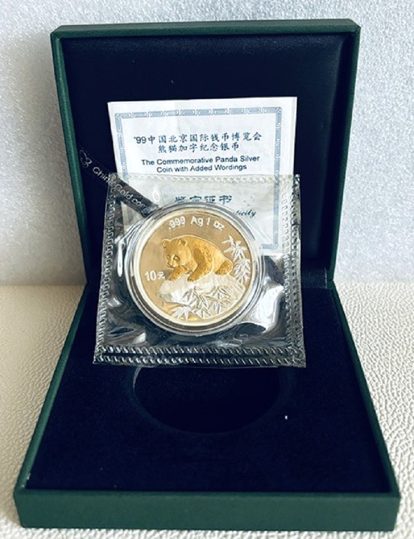  China - 10 Yuan Panda 1999 * COIN EXPO BEIJING * vergoldet in Folie , 1oz Silber in OVP   