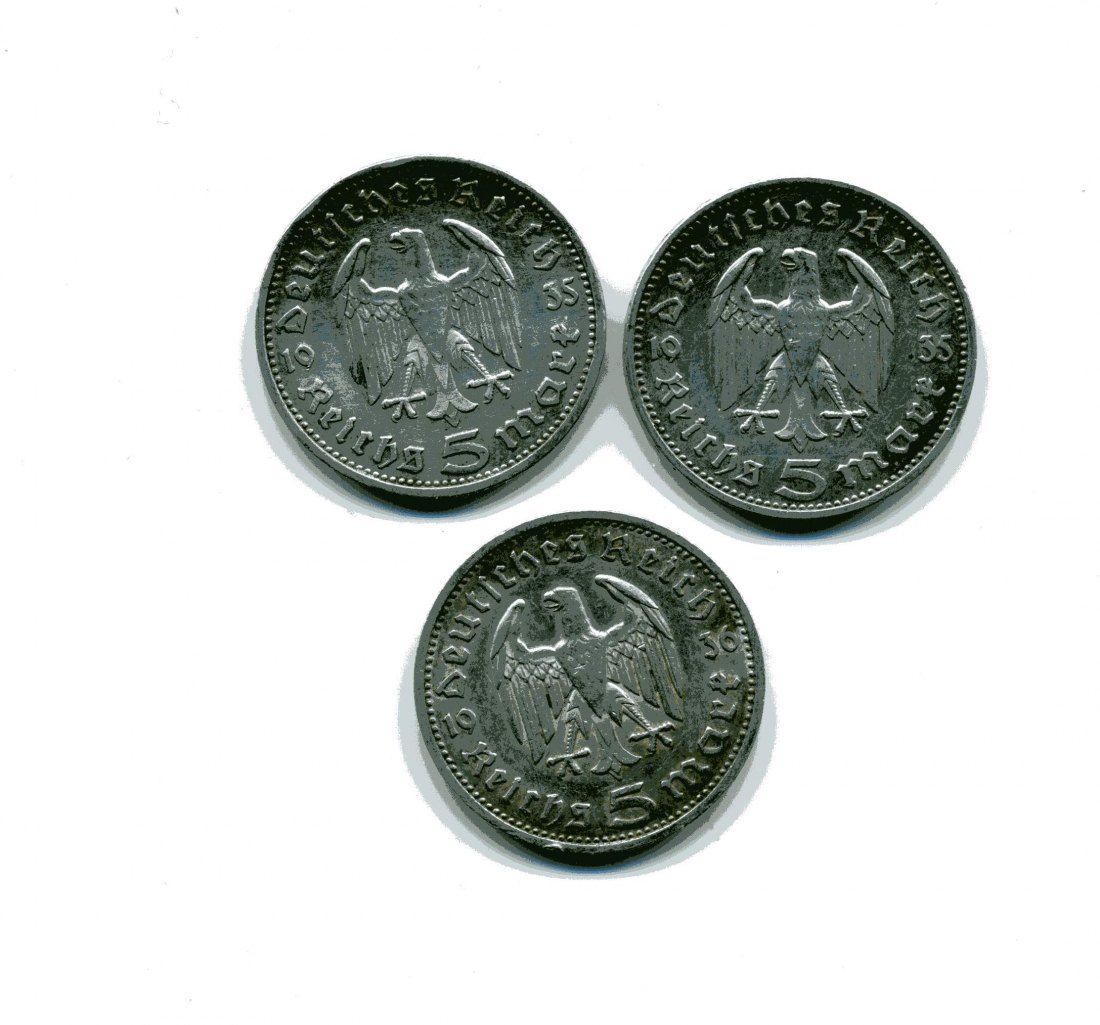  3x5 Reichsmark Hindenburg ss 37,5 Gramm Feinsilber   