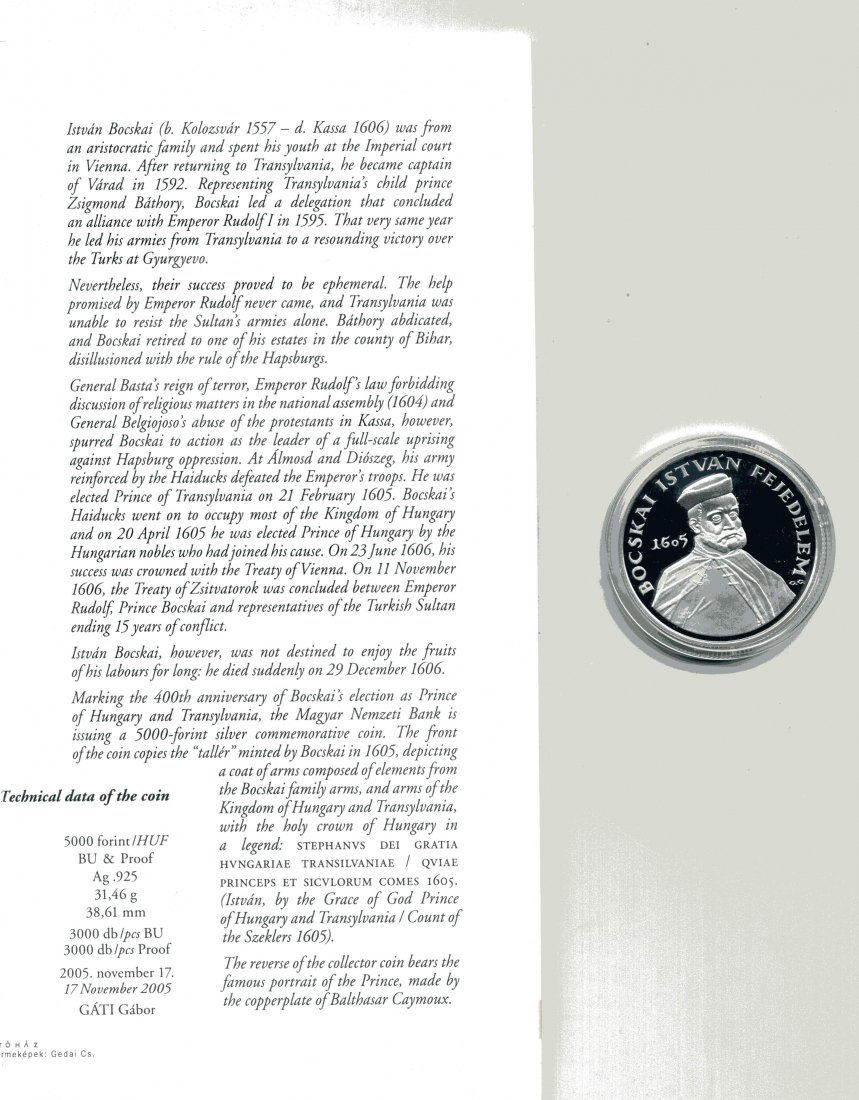 5000 Forint 2005 Istvan Bocskai PP 31,46 Gramm Sterling Silber + Flyer sehr selten