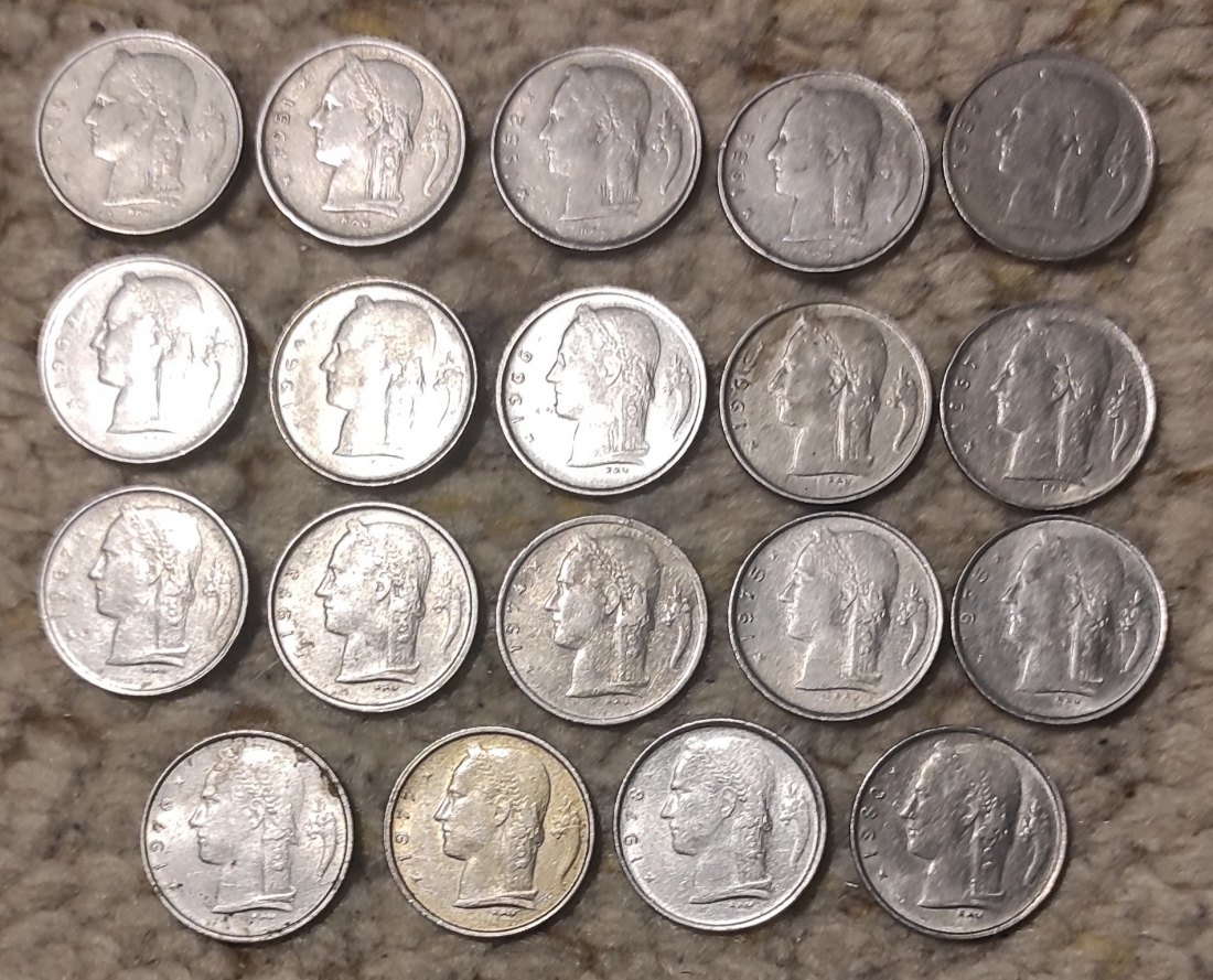  Set 015: Belgien Münzlot mit 15 x 1 Franc Stücke mit verschiedenen Prägejahren   