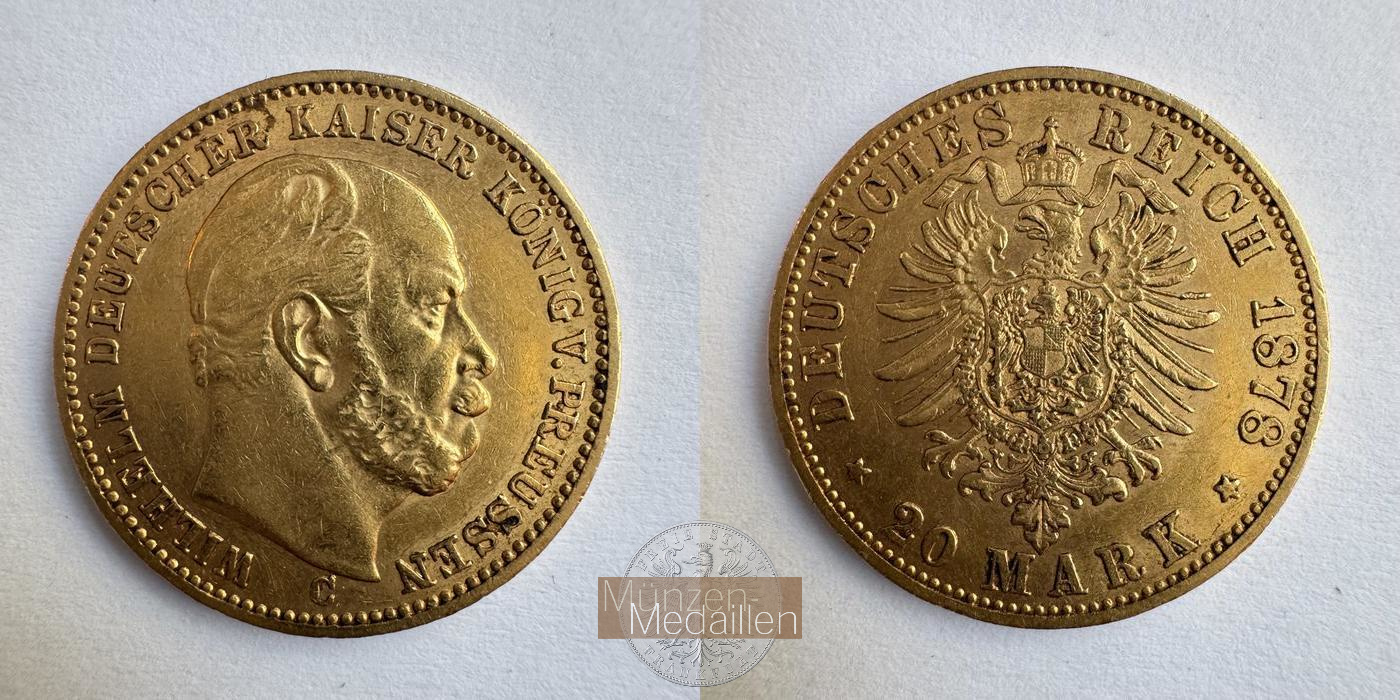 Dt. Kaiserreich Preussen, Wilhelm I. MM-Frankfurt KM#505 Feingold: 7,17g 20 Mark (1874-1888) 1878 C 