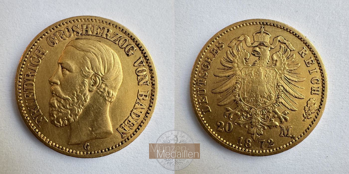  Dt. Reich Baden 20 Mark 1872 (1872-1873) 'G' Frederick I MM-Frankfurt KM#261 Feingold: 7,17g   