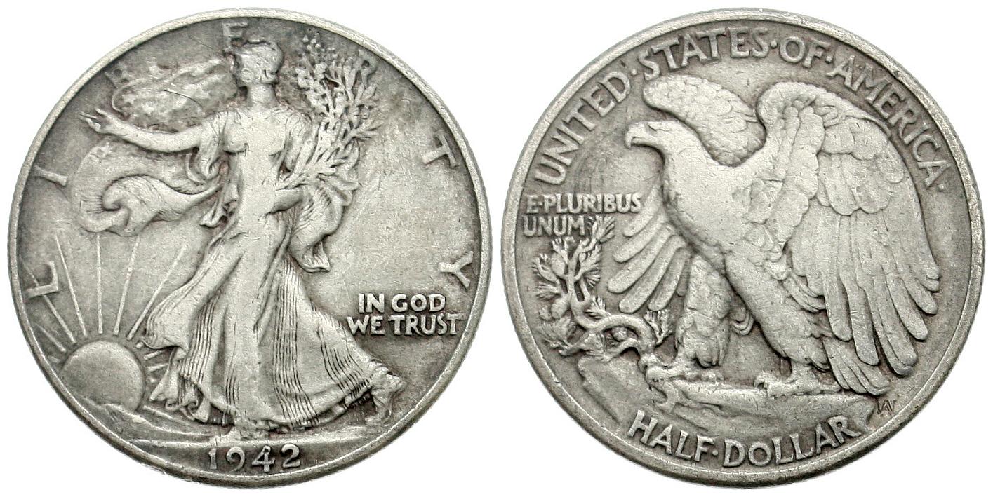  USA: Half Dollar 1942, Walking Liberty, 12,5 gr. 900er Silber, 11,25 fein! ERHALTUNG, siehe Bilder!   