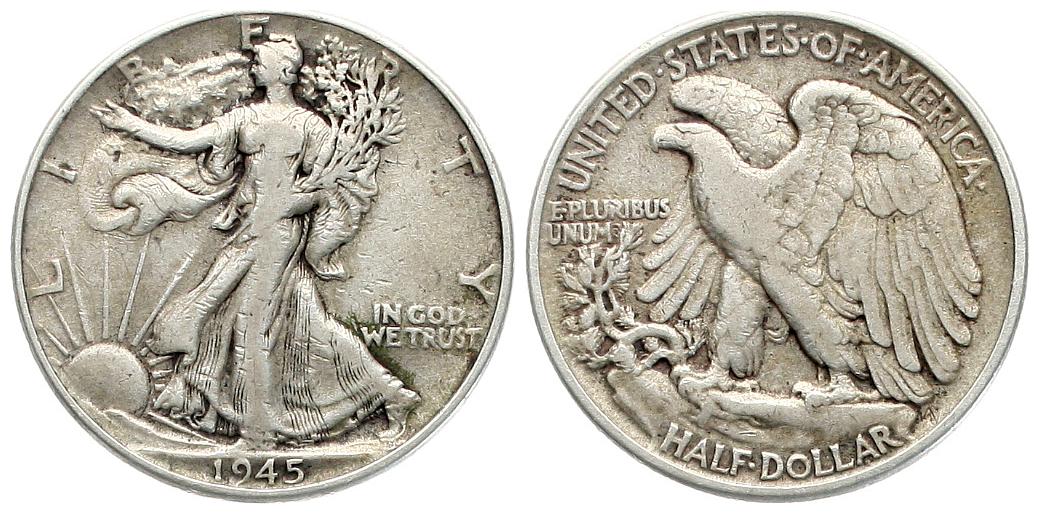  USA: Half Dollar 1945, Walking Liberty, 12,5 gr. 900er Silber, 11,25 fein! siehe Bilder!   