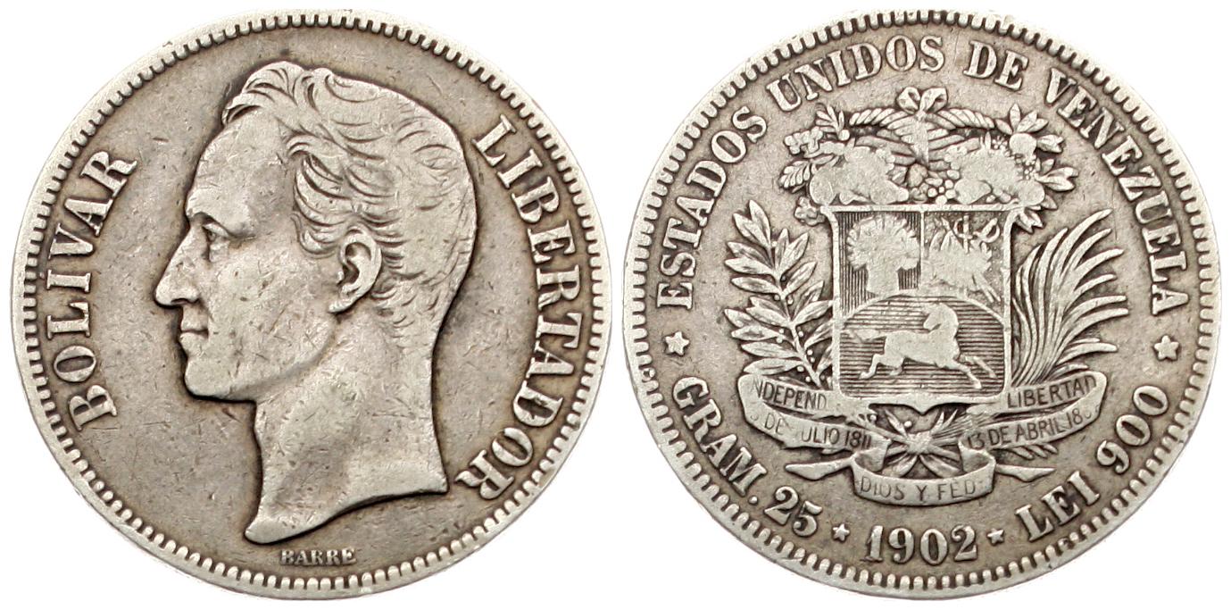  Venezuela: 5 Bolivares 1902, näheres unten!   
