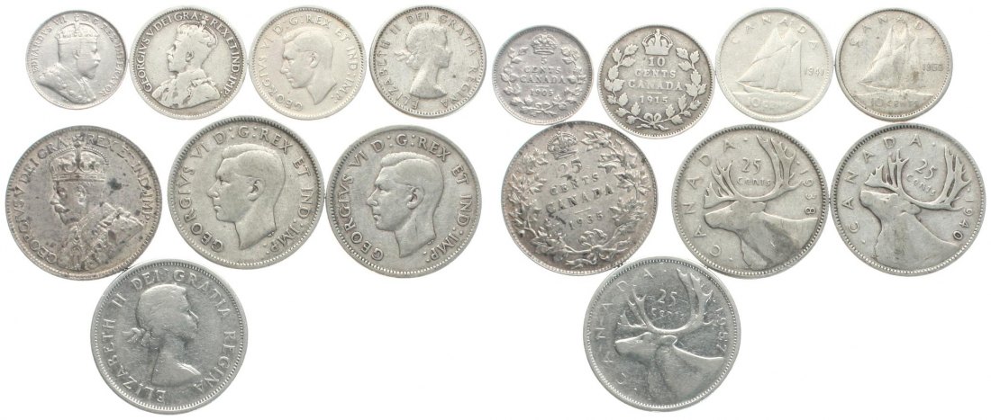  Kanada: Lot von 8 Silbermünzen ab 1898, 31 Gramm Brutto, 24,8 gr. fein, siehe Bilder!   