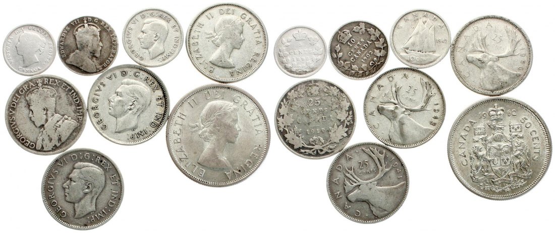  Kanada: Lot von 8 Silbermünzen ab 1898, 40,22 Gramm Brutto, 33,37 gr. fein, siehe Bilder!   
