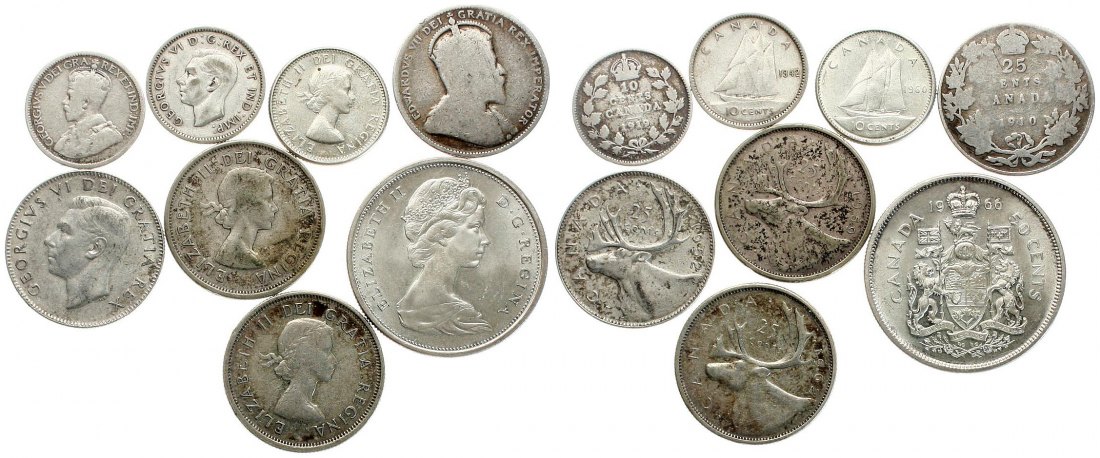  Kanada: Lot von 8 Silbermünzen ab 1898, 41,55 Gramm Brutto, 34,22 gr. fein! siehe Bilder!   