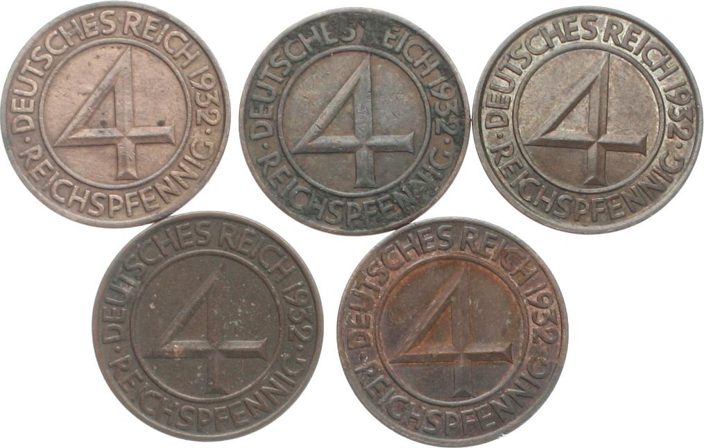  Weimarer Republik: Lot von 5 x 4 Pfennigen 1932, A, D, E und 2 x F, siehe Bilder!   