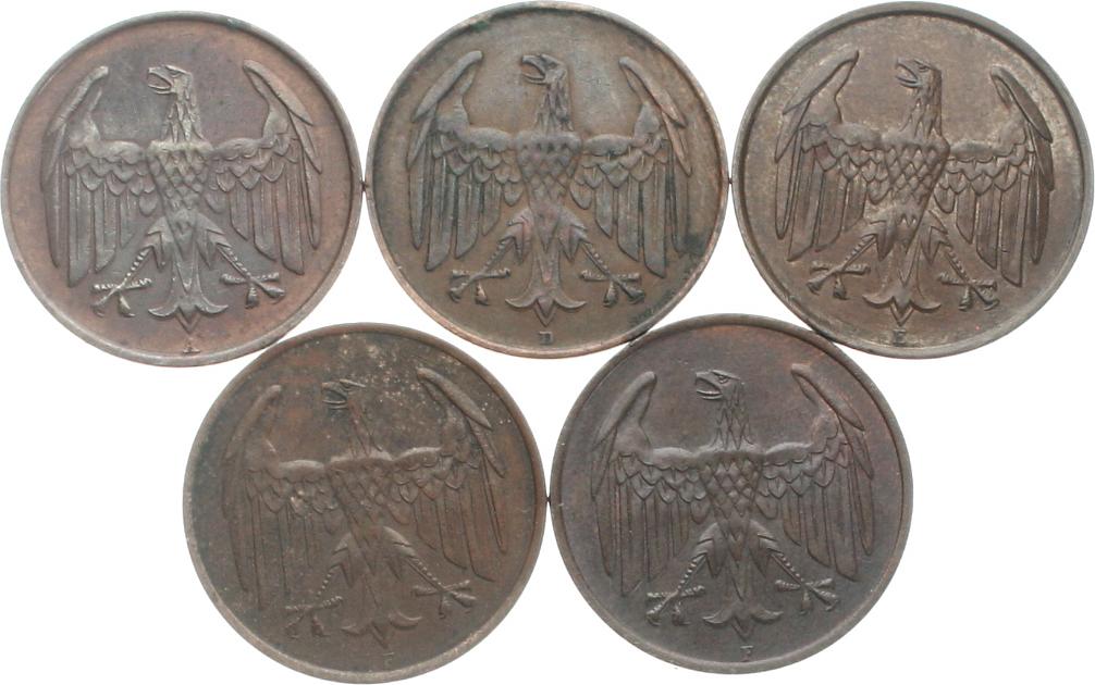  Weimarer Republik: Lot von 5 x 4 Pfennigen 1932, A, D, E und 2 x F, siehe Bilder!   