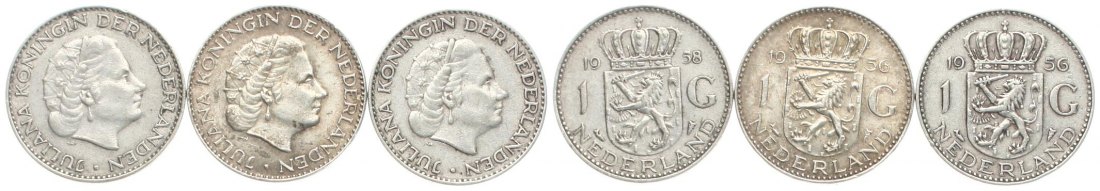  Niederlande: Juliana, Lot von 3 x 1 Gulden, Silber, 19,47 gr. brutto, 14 gr. Feinsilber!   