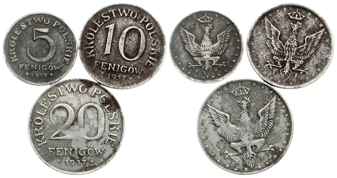  Polen, gepl. Königreich, wertfvolles Lot von 3 Eisenmünzen 1917, 5, 10 & 20 Fenigow, siehe Bilder!   