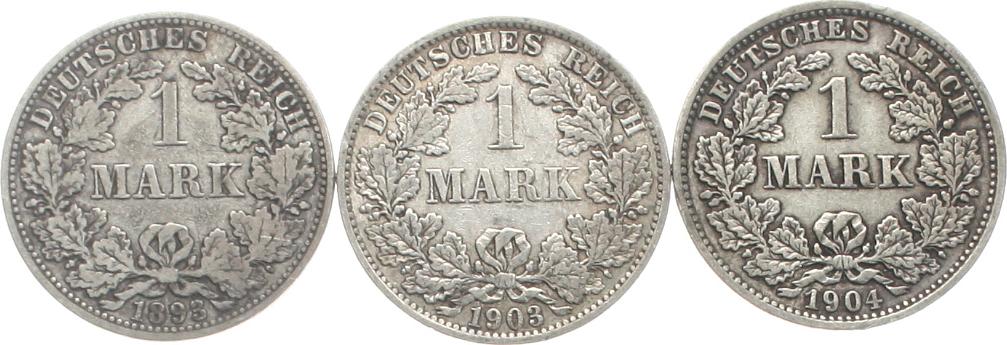 Kaiserreich: Lot von 3 x 1 Mark in Silber, 16.6 gr. brutto, 15 gr. Fein!! versch. Jahre!   