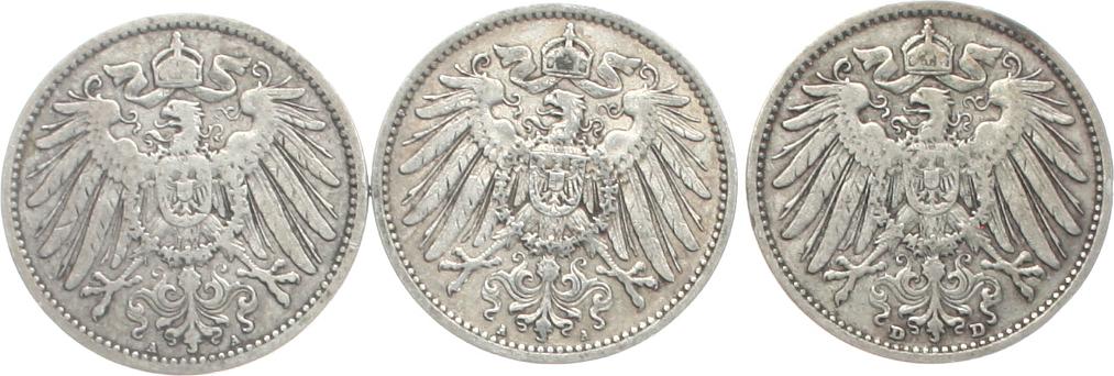  Kaiserreich: Lot von 3 x 1 Mark in Silber, 16.6 gr. brutto, 15 gr. Fein!! versch. Jahre!   