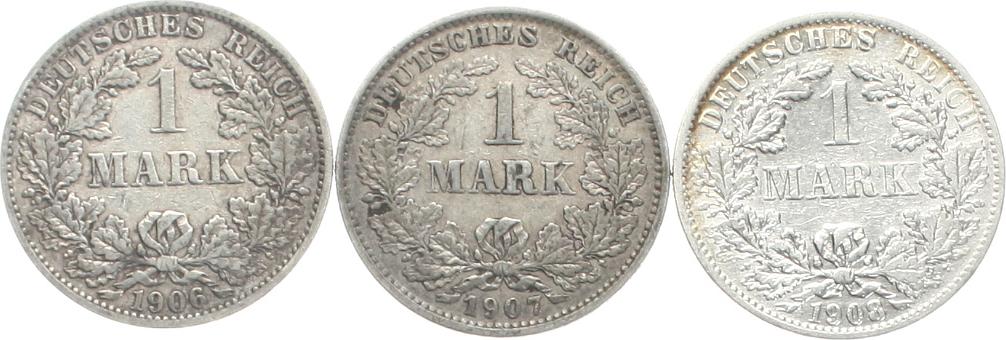  Kaiserreich: Lot von 3 x 1 Mark in Silber, 16.6 gr. brutto, 15 gr. Fein!! versch. Jahre!   