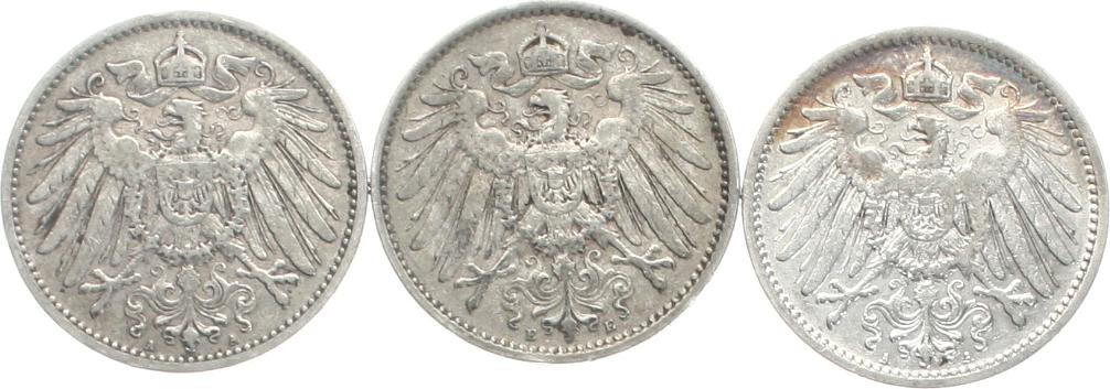  Kaiserreich: Lot von 3 x 1 Mark in Silber, 16.6 gr. brutto, 15 gr. Fein!! versch. Jahre!   