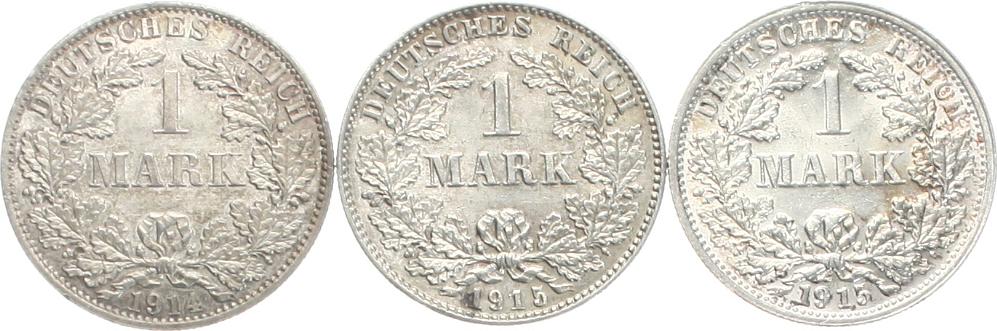  Kaiserreich: Lot von 3 x 1 Mark in Silber, 16.6 gr. brutto, 15 gr. Fein!!   